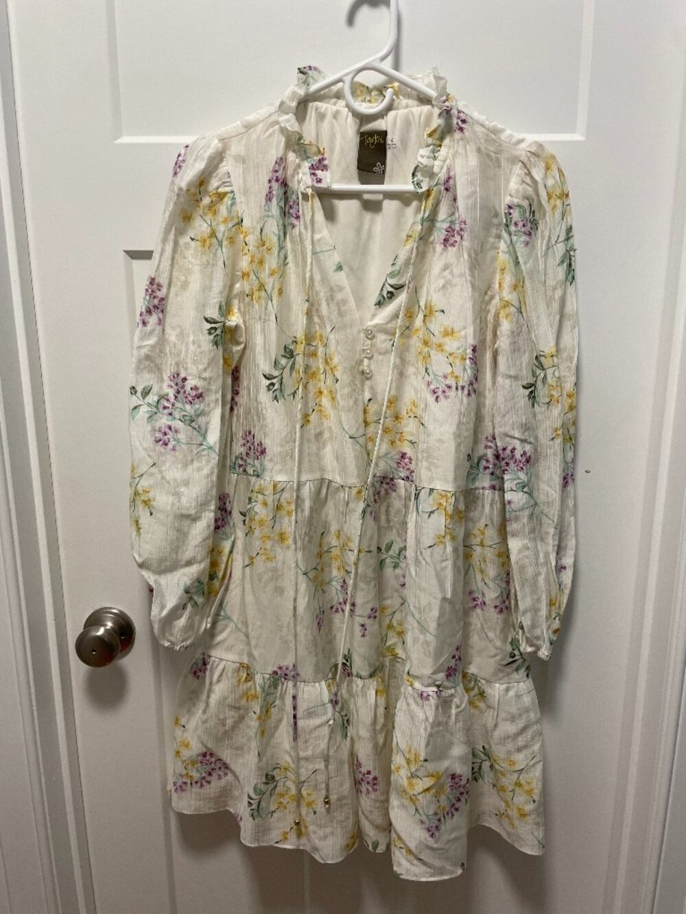 Taylor Floral Tiered Mini Dress Cottagecore Ruffle Neck Long Sleeve Size 8